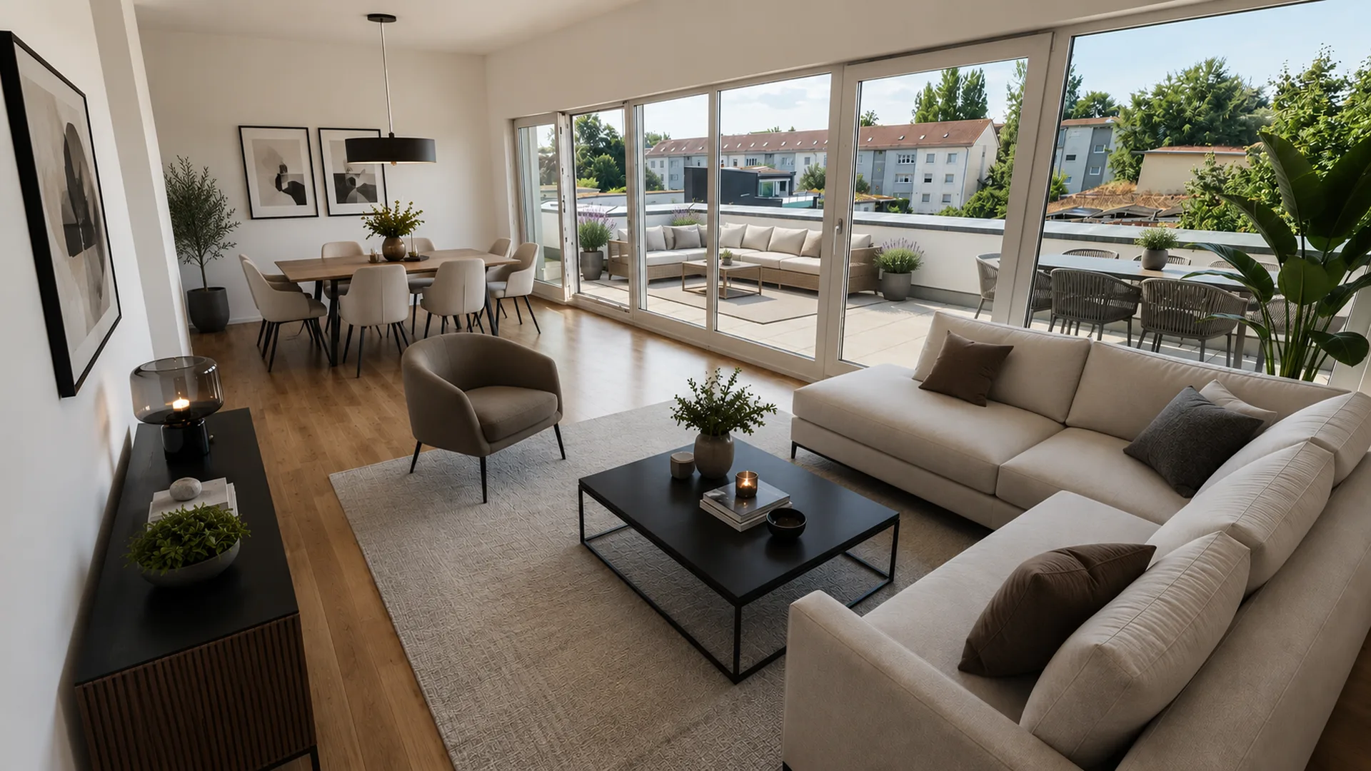 Visualisation of the living area and roof terrace of the penthouse in Remseck-Pattonville