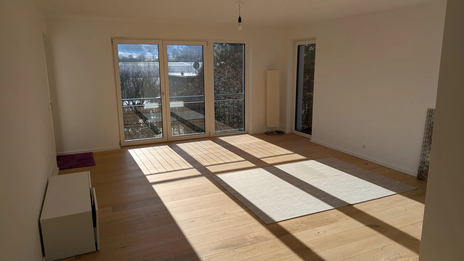 Sonniges Wohnzimmer mit Parkettboden und großer Fensterfront in Holzgerlingen